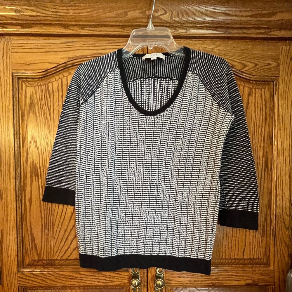 Loft Women's Medium 100% Cotton 3/4 Sleeve Black and White Sweater